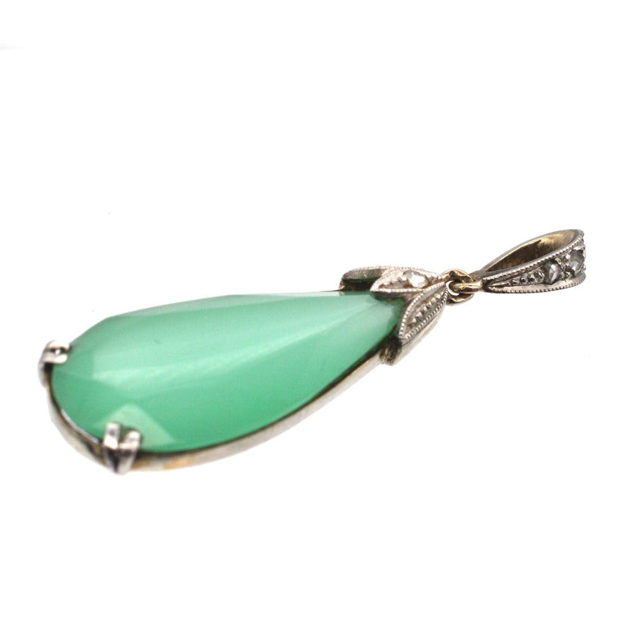Art Deco 14ct white gold pendant featuring a teardrop chrysoprase and rose diamond cap, vintage 1920s Germany.