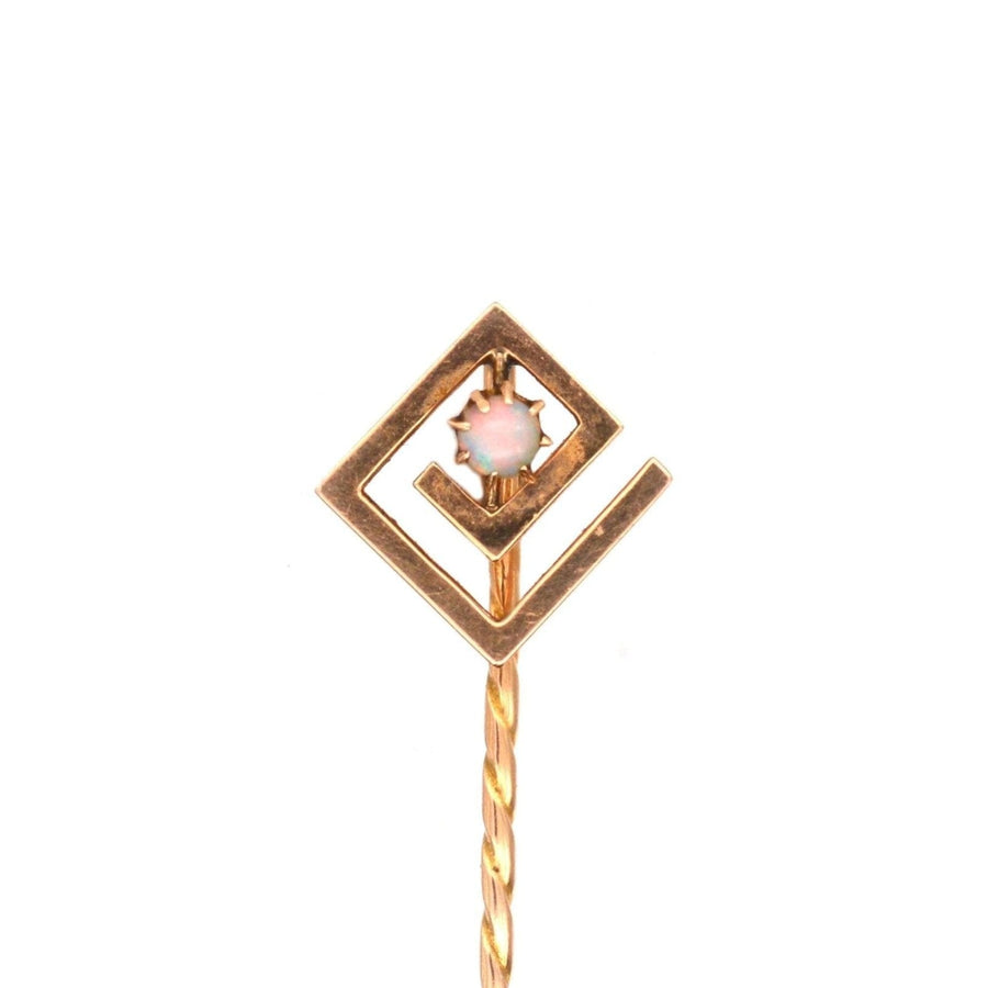Art Deco 15ct gold and opal geometric tie pin with colorful opal, stylish for silk ties.