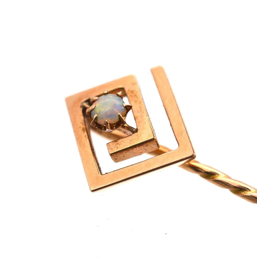 Art Deco 15ct gold geometric tie pin with opal, showcasing vibrant colors and stylish design for silk ties.
