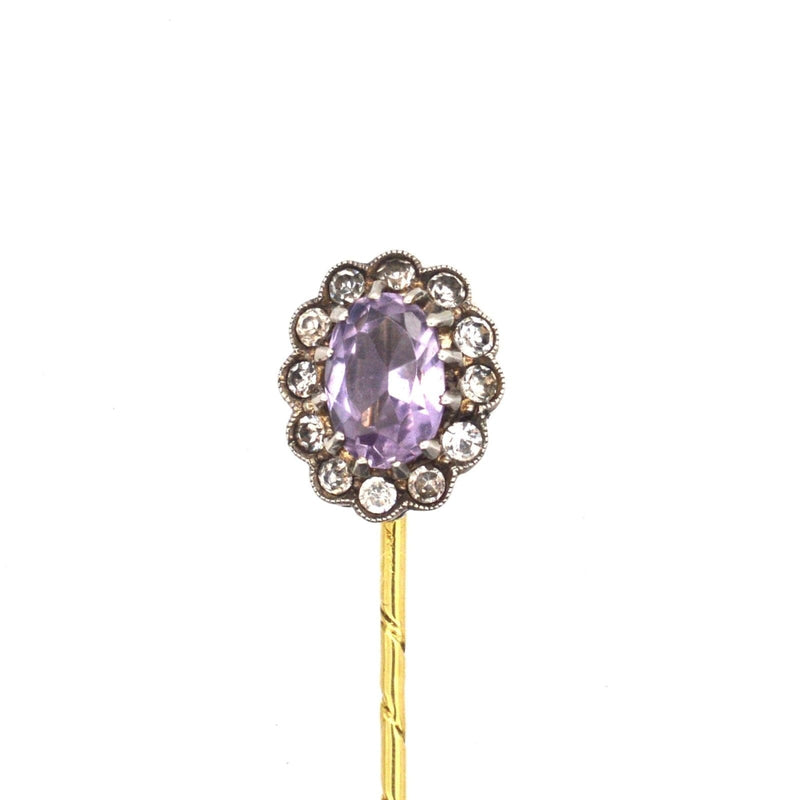 Art Deco 18ct Gold Amethyst & White Paste Cluster Tie Pin