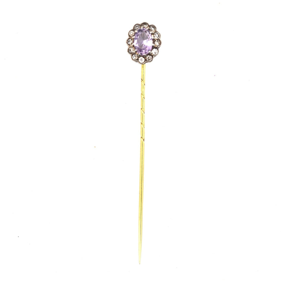 Art Deco 18ct Gold tie pin featuring amethyst stone and white paste cluster design, elegant for silk ties.