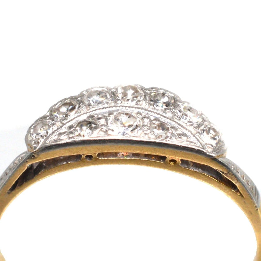 Art Deco 18ct gold and platinum diamond tiara ring showcasing intricate craftsmanship and sparkling details.
