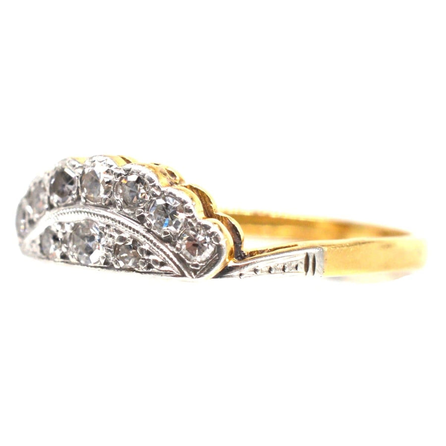 Art Deco 18ct gold platinum diamond tiara ring, featuring a small tiara design with sparkling gems, elegant jewelry.