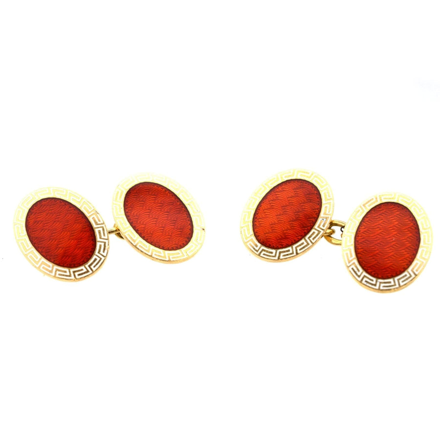 Art Deco 18ct gold Cropp & Farr cufflinks with red enamel and Greek key pattern, crafted in 1926.