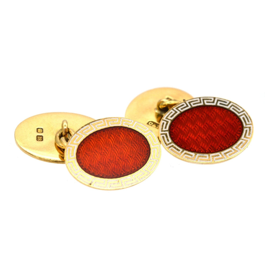 Art Deco 18ct gold Cropp & Farr cufflinks with vibrant red enamel and Greek key pattern, crafted in 1926.