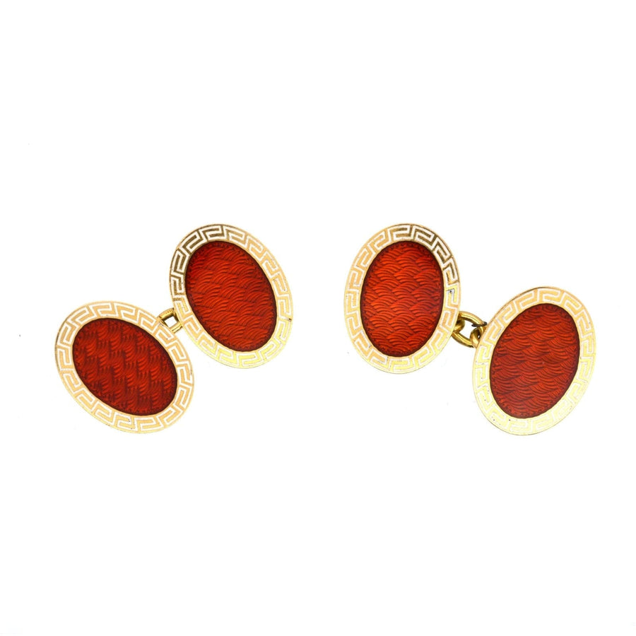 Art Deco 18ct gold Cropp & Farr red enamel cufflinks with Greek key pattern, made in 1926.