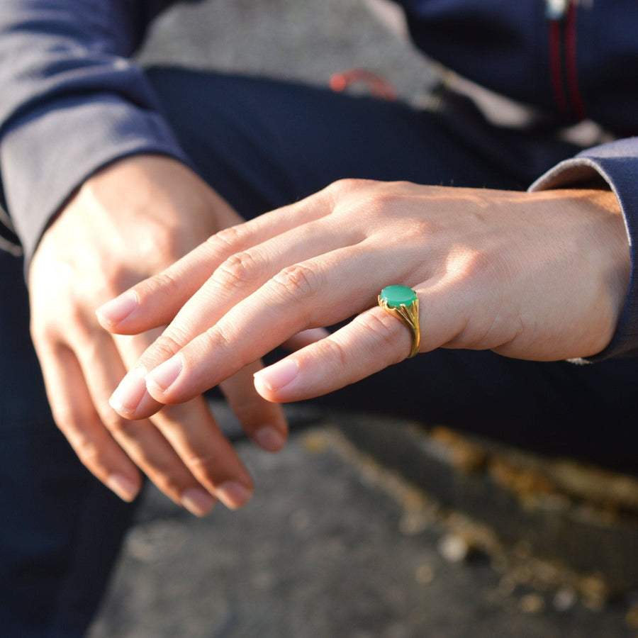 Art Deco 18ct Gold Green Chalcedony Signet Ring | Parkin and Gerrish | Antique & Vintage Jewellery