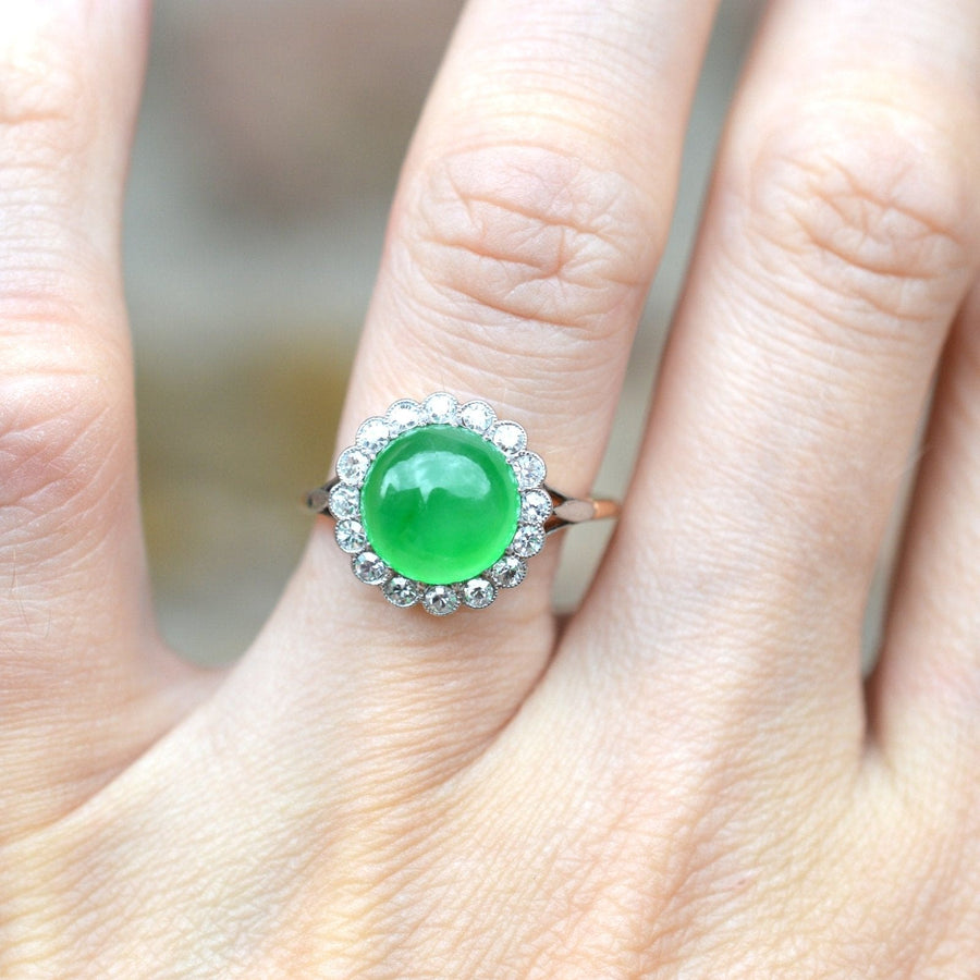 Art Deco 18ct Gold, Certificated Grade A Jadeite "Imperial Jade" & Diamond Cluster Ring