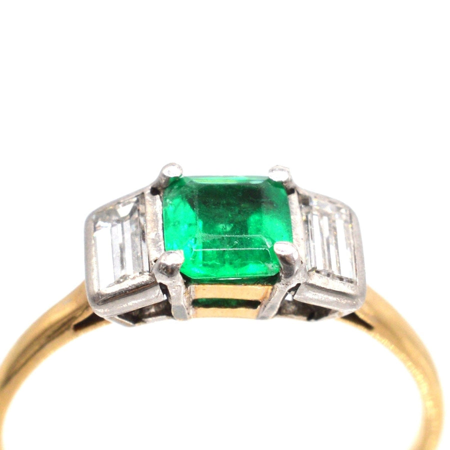 Art Deco 18ct Gold & Platinum, Columbian Emerald & Diamond Three Stone Ring