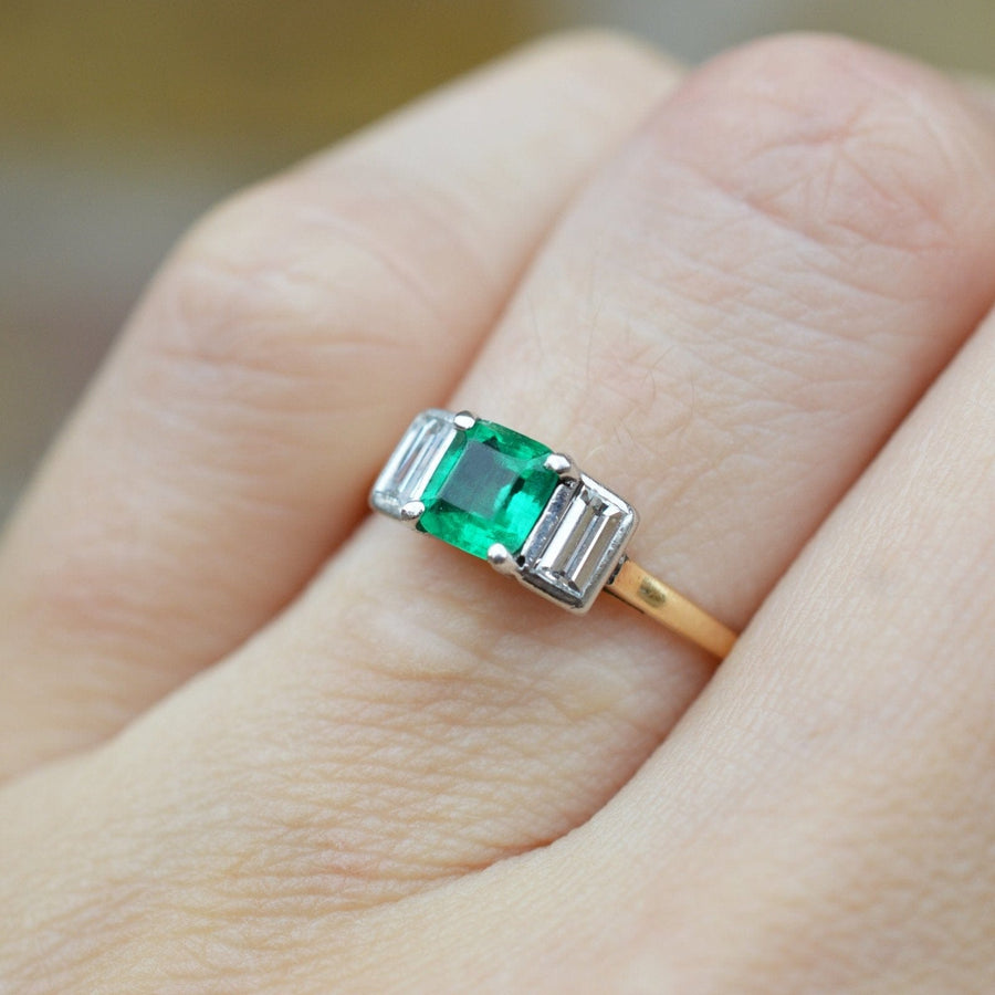 Art Deco 18ct Gold & Platinum, Columbian Emerald & Diamond Three Stone Ring