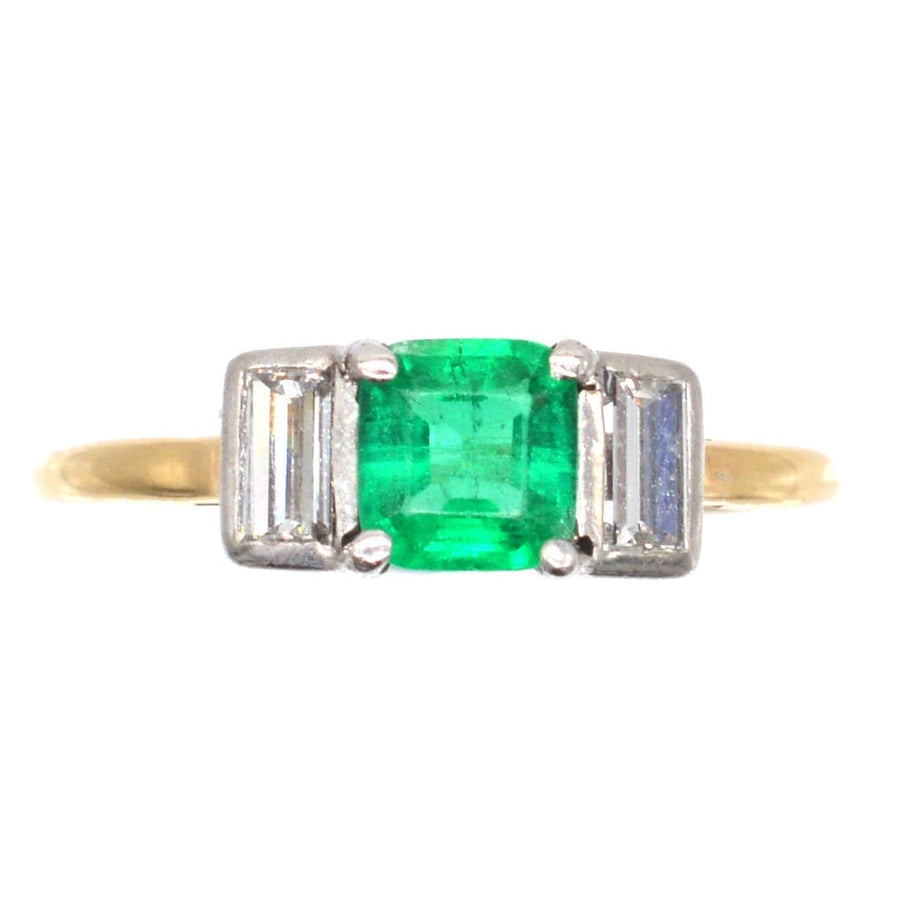 Art Deco 18ct Gold & Platinum, Columbian Emerald & Diamond Three Stone Ring