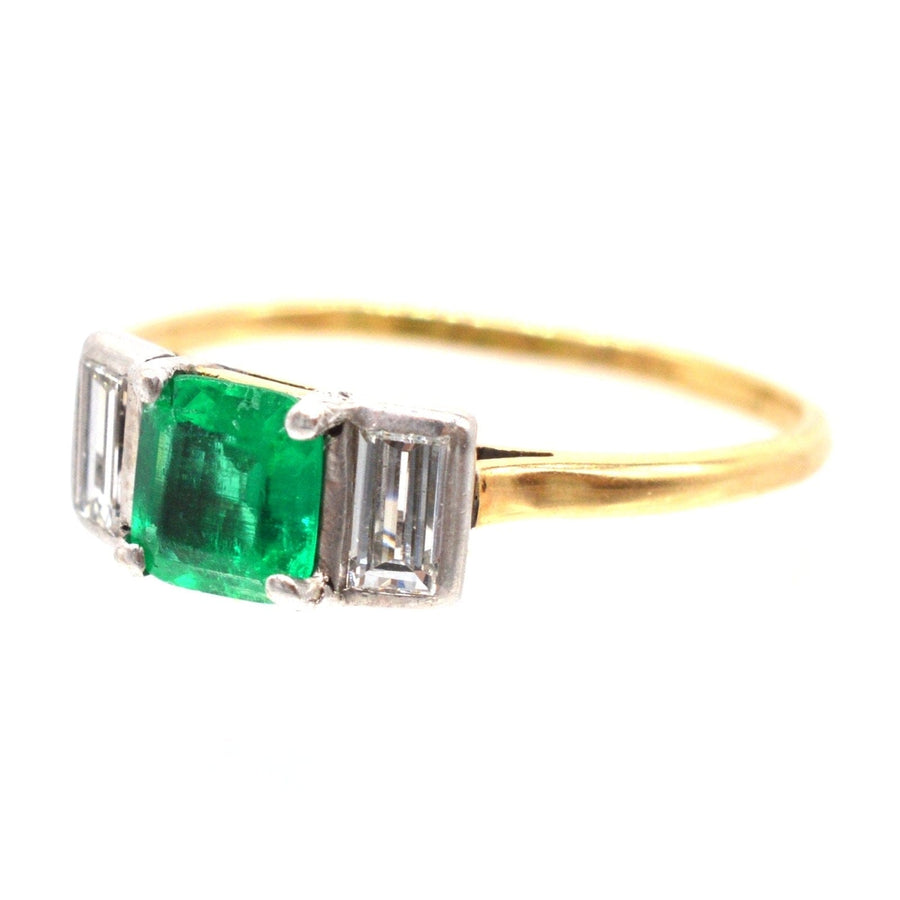 Art Deco 18ct Gold & Platinum, Columbian Emerald & Diamond Three Stone Ring