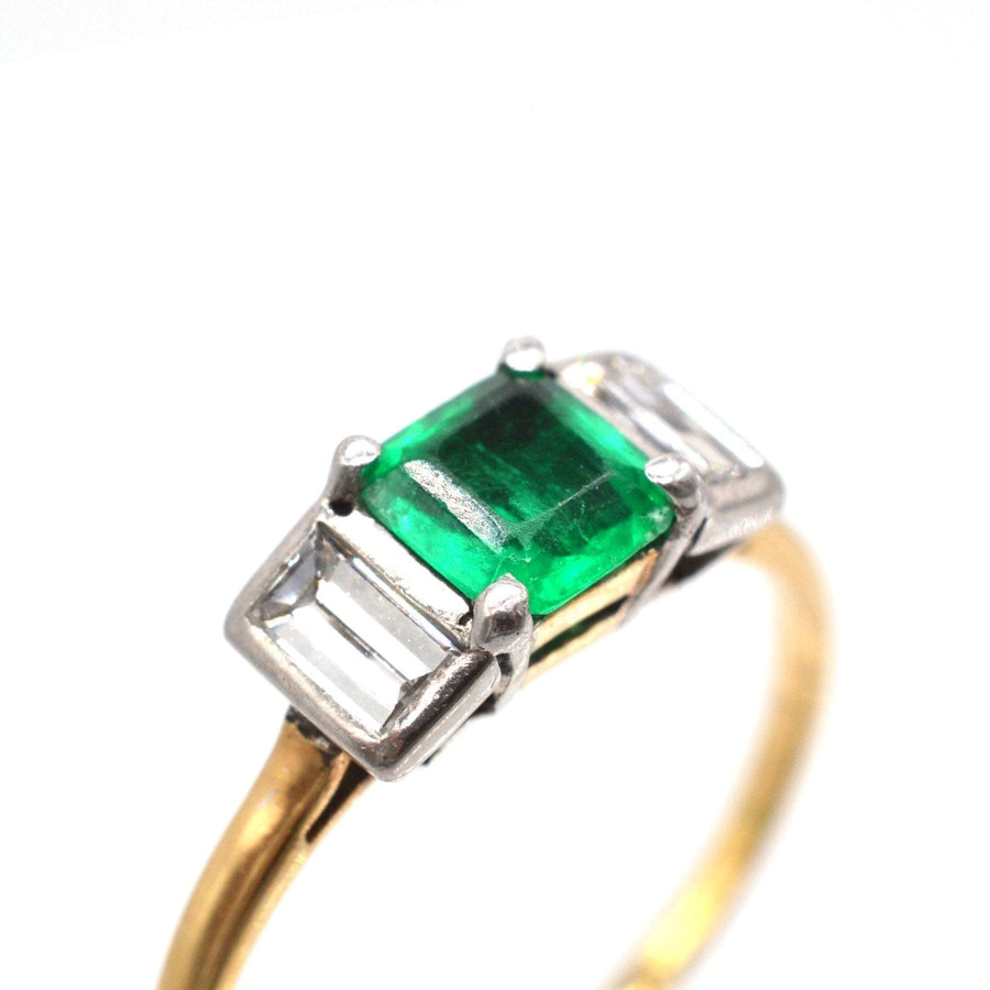 Art Deco 18ct Gold & Platinum, Columbian Emerald & Diamond Three Stone Ring