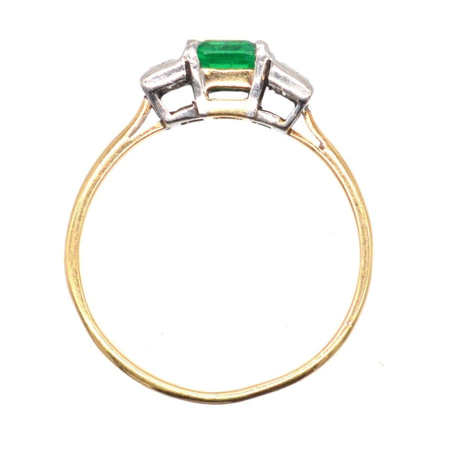 Art Deco 18ct Gold & Platinum, Columbian Emerald & Diamond Three Stone Ring
