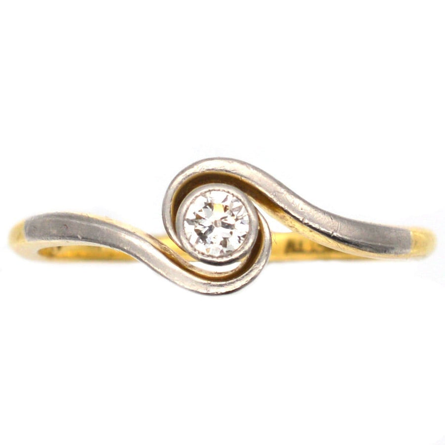 Art Deco 18ct Gold & Platinum, Diamond Bezel Setting Twist Solitaire Ring | Parkin and Gerrish | Antique & Vintage Jewellery