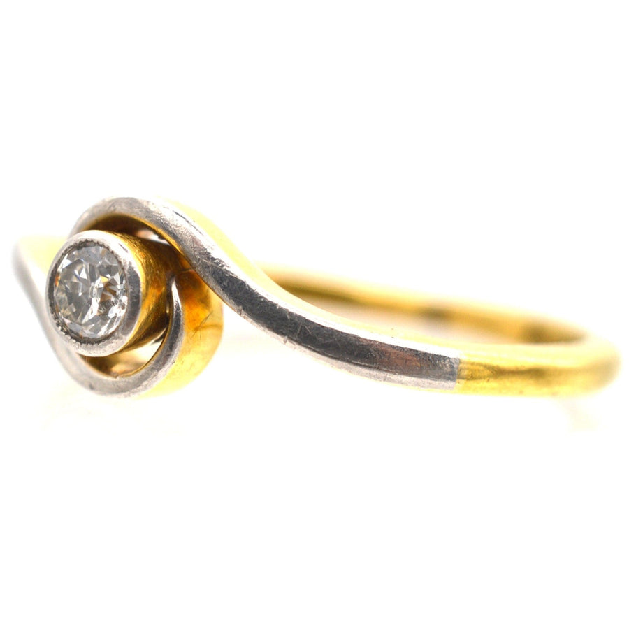 Art Deco 18ct Gold & Platinum, Diamond Bezel Setting Twist Solitaire Ring | Parkin and Gerrish | Antique & Vintage Jewellery