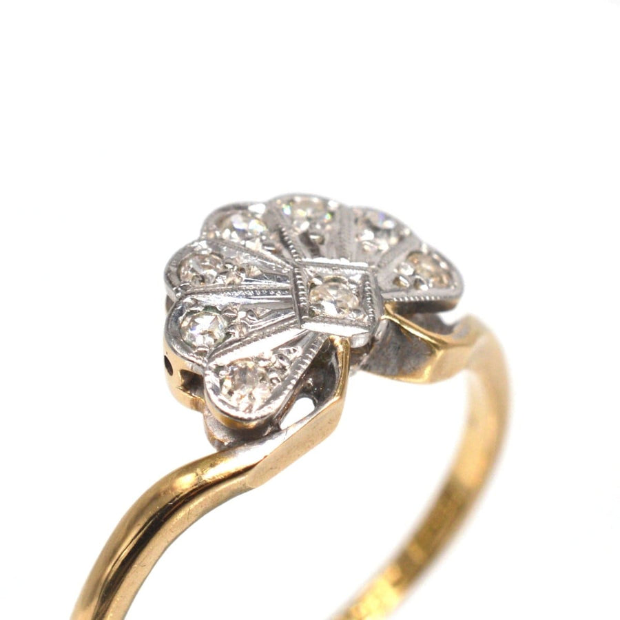 Art Deco 18ct gold and platinum diamond fan ring from the 1920s, featuring a unique fan design with sparkling diamonds.