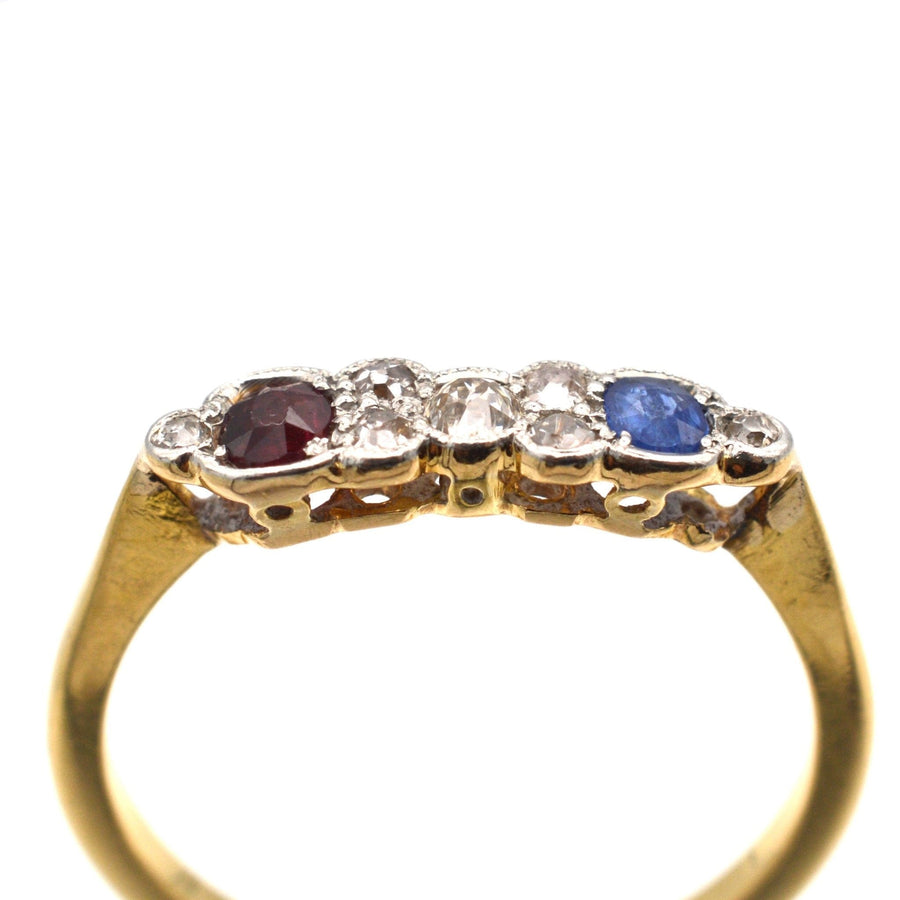 Art Deco 18ct Gold & Platinum, Diamond, Sapphire and Ruby Ring | Parkin and Gerrish | Antique & Vintage Jewellery