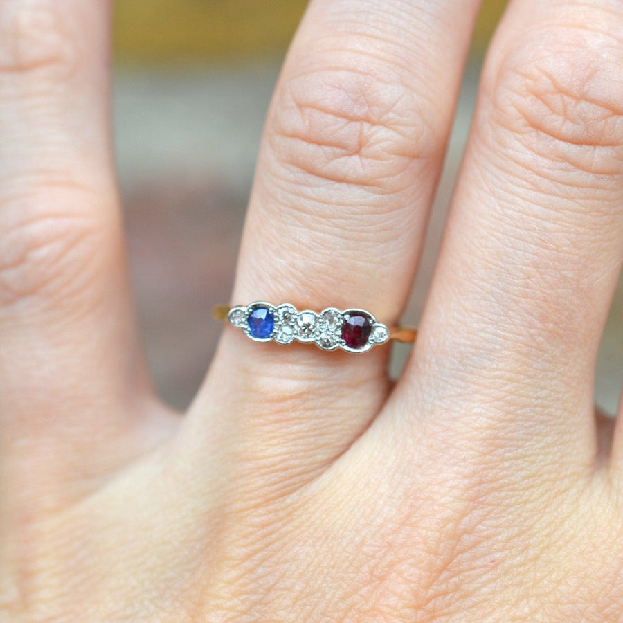 Art Deco 18ct Gold & Platinum, Diamond, Sapphire and Ruby Ring | Parkin and Gerrish | Antique & Vintage Jewellery
