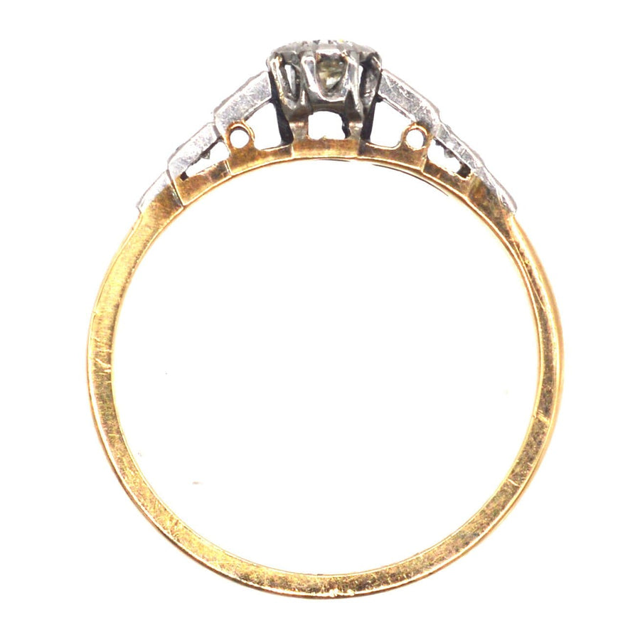 Art Deco 18ct gold and platinum diamond solitaire ring with diamond shoulders, elegant engagement ring.