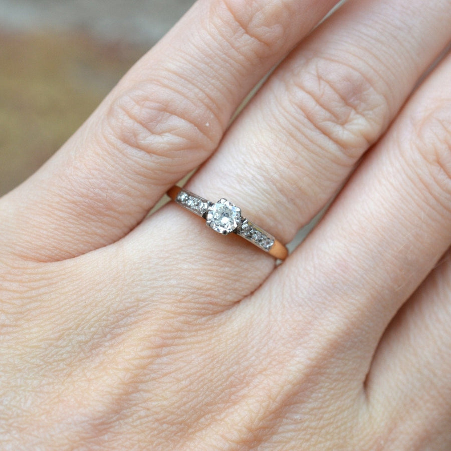 Art Deco 18ct Gold & Platinum, Diamond Solitaire Ring with Diamond Shoulders | Parkin and Gerrish | Antique & Vintage Jewellery