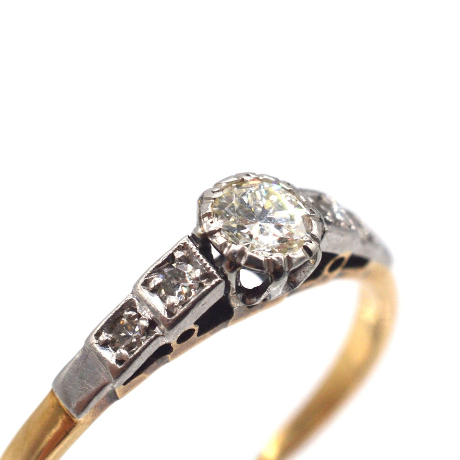 Art Deco 18ct Gold and Platinum diamond solitaire ring with diamond shoulders, elegant engagement ring.