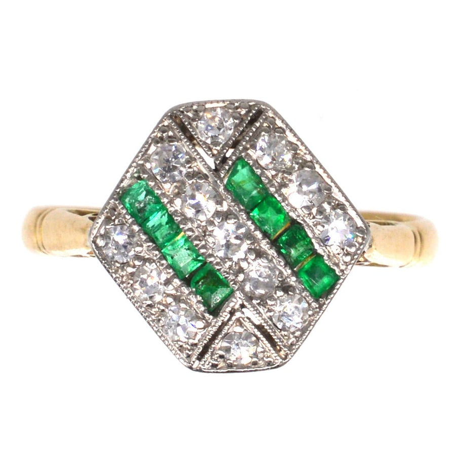 Art Deco 18ct Gold & Platinum, Emerald & Diamond Hexagonal Ring | Parkin and Gerrish | Antique & Vintage Jewellery