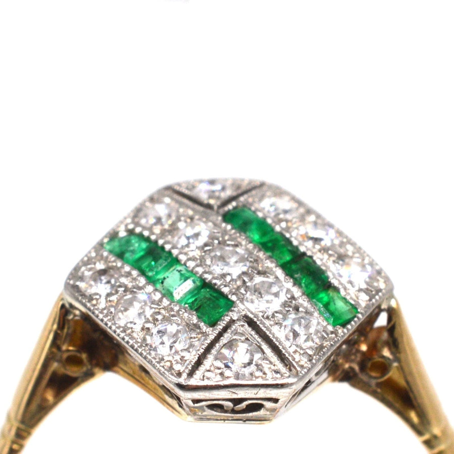 Art Deco 18ct Gold & Platinum, Emerald & Diamond Hexagonal Ring | Parkin and Gerrish | Antique & Vintage Jewellery