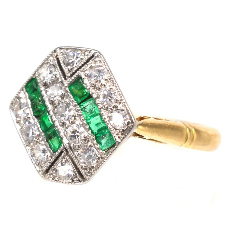 Art Deco 18ct Gold & Platinum, Emerald & Diamond Hexagonal Ring | Parkin and Gerrish | Antique & Vintage Jewellery