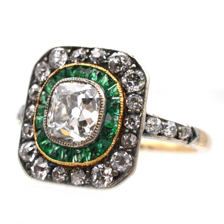 Art Deco 18ct Gold & Platinum, Emerald & Diamond Target Ring | Parkin and Gerrish | Antique & Vintage Jewellery