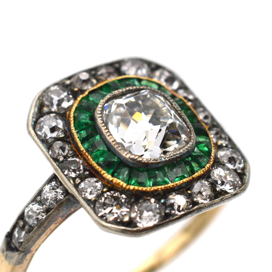 Art Deco 18ct Gold & Platinum, Emerald & Diamond Target Ring | Parkin and Gerrish | Antique & Vintage Jewellery