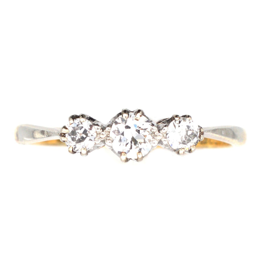 Art Deco 18ct gold and platinum three stone diamond ring, vintage style, perfect for engagement, circa 1930s by Henry Griffith & Sons.