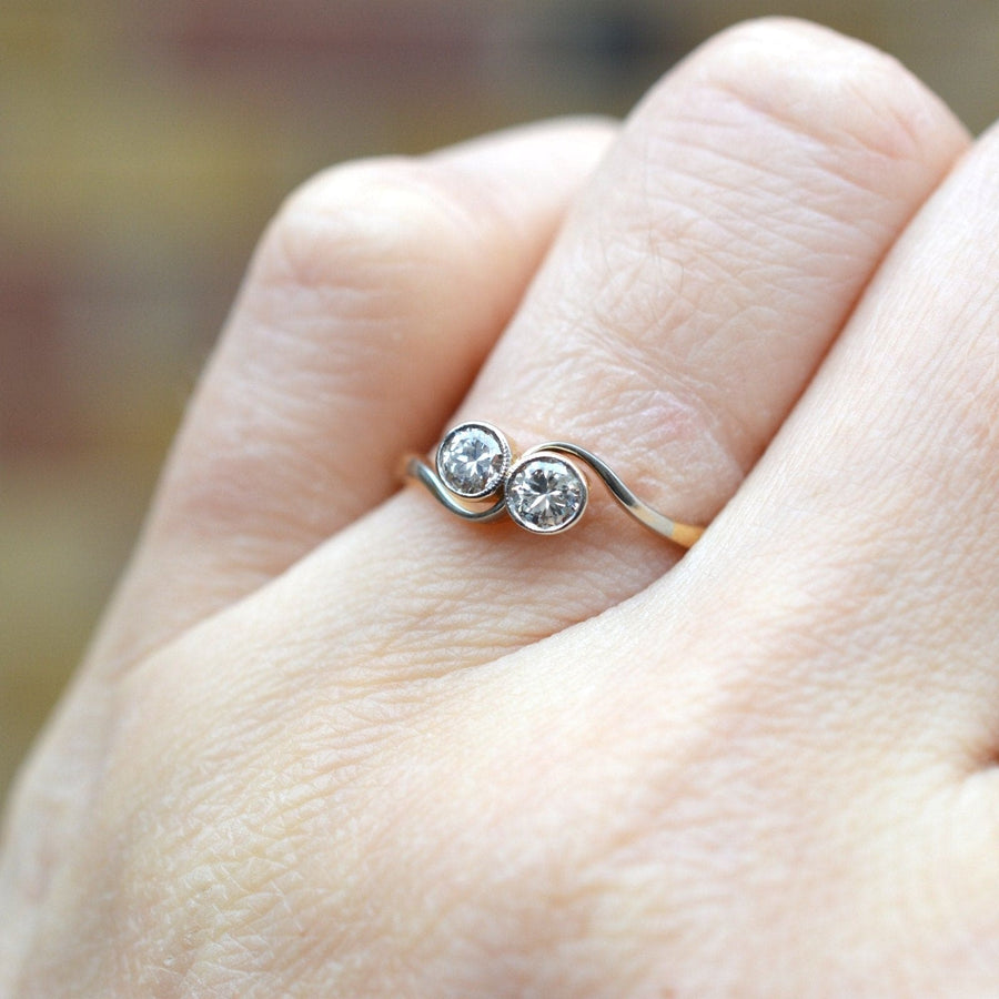 Art Deco 18ct Gold & Platinum, Two Stone Diamond 'Toi et Moi' Crossover Ring | Parkin and Gerrish | Antique & Vintage Jewellery