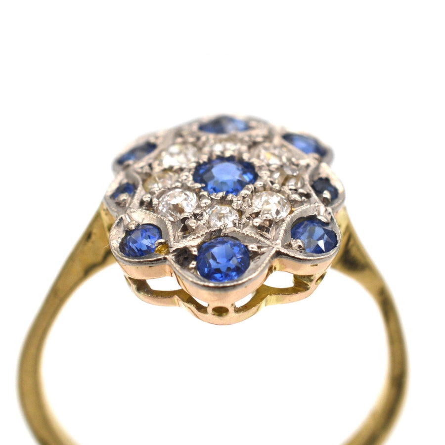 Art Deco 18ct Gold, Sapphire & Diamond Plaque Cluster Ring | Parkin and Gerrish | Antique & Vintage Jewellery