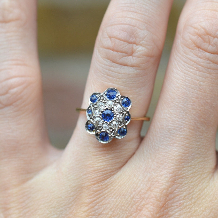 Art Deco 18ct Gold, Sapphire & Diamond Plaque Cluster Ring | Parkin and Gerrish | Antique & Vintage Jewellery
