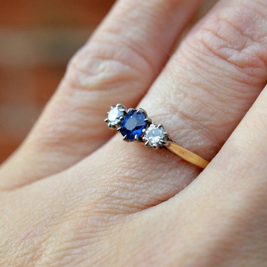 Art Deco 18ct Gold, Sapphire Diamond Three Stone Ring | Parkin and Gerrish | Antique & Vintage Jewellery