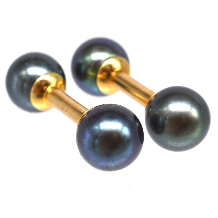 Art Deco 18ct gold Tahitian cultured pearl double-ended cufflinks, showcasing modern elegance and timeless style.