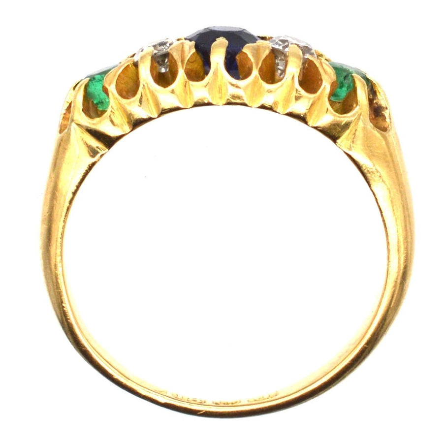 Art Deco 18ct gold Tutti Frutti ring featuring sapphire, emerald, and diamond with intricate detailing.
