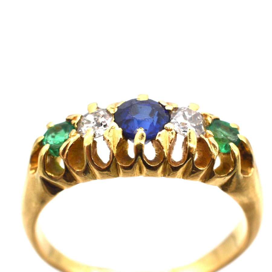 Art Deco 18ct gold Tutti Frutti five stone ring featuring sapphire, emerald, and diamond gemstones.
