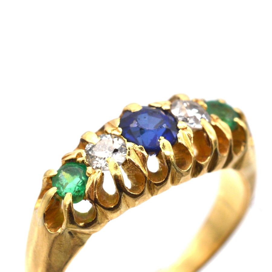 Art Deco 18ct gold Tutti Frutti ring featuring emerald, sapphire, and diamond stones, crafted in Birmingham, 1919.