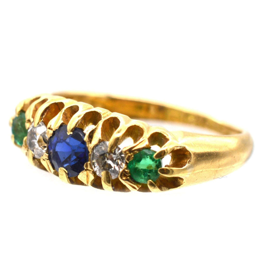 Art Deco 18ct gold Tutti Frutti five stone ring featuring emerald, sapphire, and diamond, crafted in 1919.