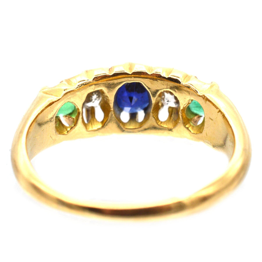 Art Deco 18ct gold 'Tutti Frutti' five stone ring featuring sapphire, emerald, and diamond gemstones.