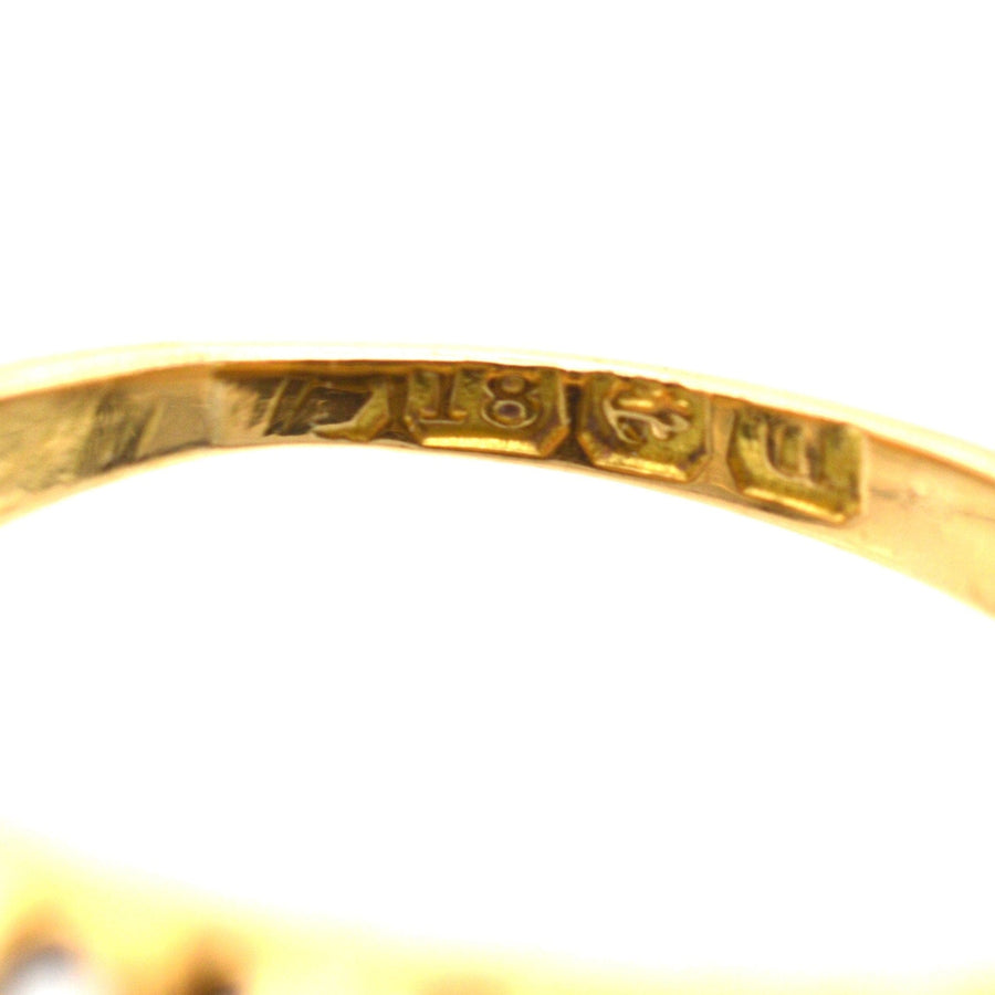Hallmark detail of Art Deco 18ct gold ring, showcasing authenticity and craftsmanship from Birmingham, 1919.