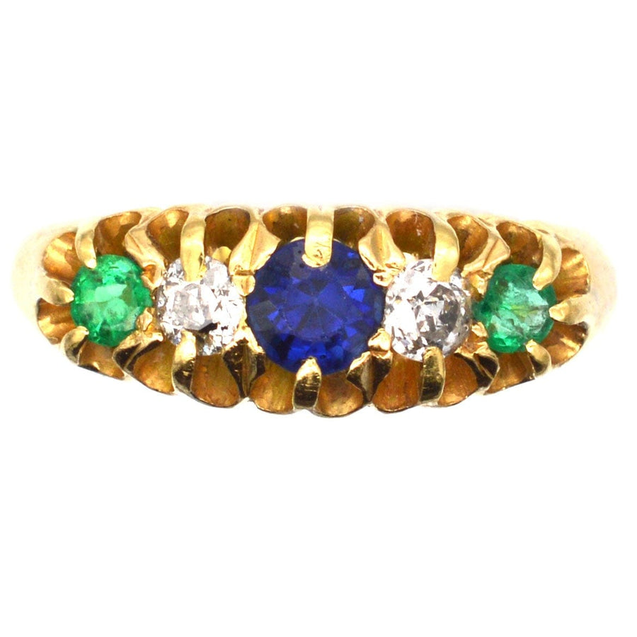 Art Deco 18ct gold 'Tutti Frutti' ring featuring sapphire, emerald, and diamond gemstones, crafted in 1919 in Birmingham.