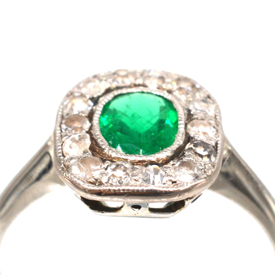 Art Deco 18ct White Gold Emerald and Diamond Cluster Ring | Parkin and Gerrish | Antique & Vintage Jewellery