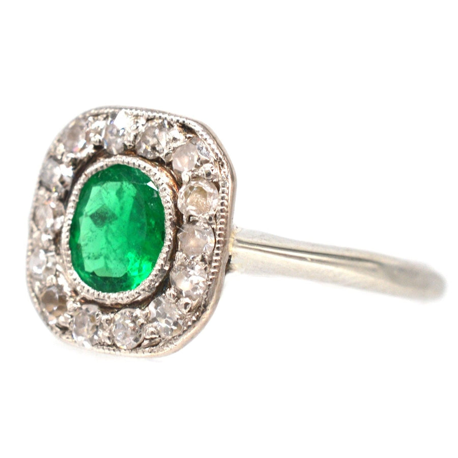 Art Deco 18ct White Gold Emerald and Diamond Cluster Ring | Parkin and Gerrish | Antique & Vintage Jewellery