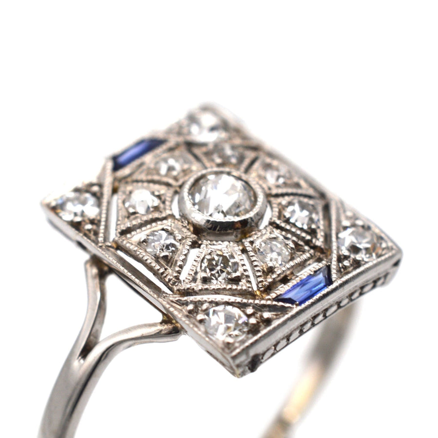 Art Deco 18ct White Gold & Platinum, Diamond & Sapphire Plaque Ring | Parkin and Gerrish | Antique & Vintage Jewellery