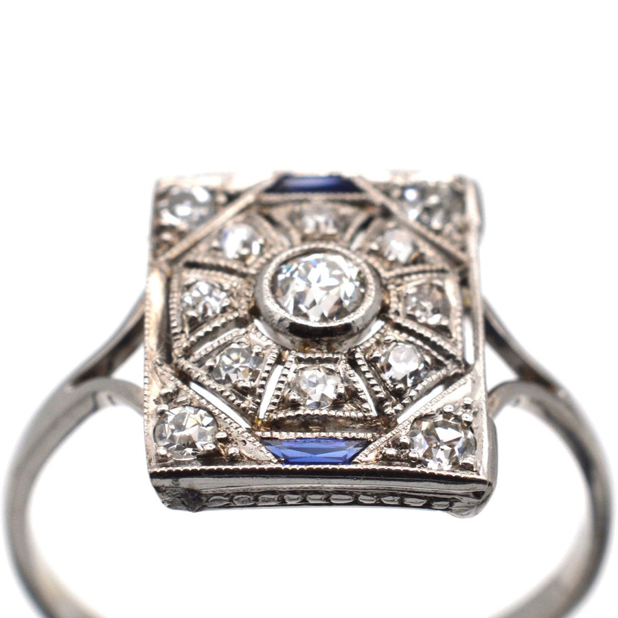 Art Deco 18ct White Gold & Platinum, Diamond & Sapphire Plaque Ring | Parkin and Gerrish | Antique & Vintage Jewellery