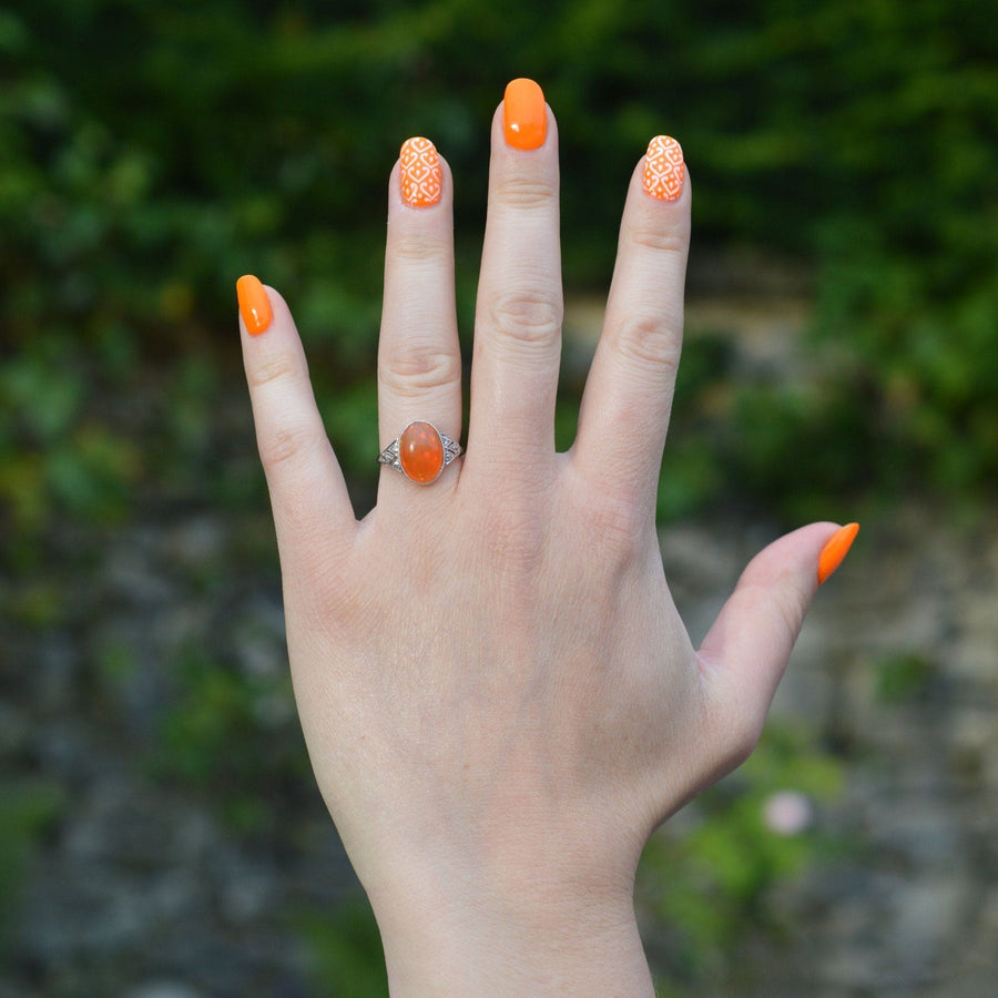 Art Deco 18ct White Gold & Platinum, Natural Mexican Fire Opal with Play of Colour & Diamond Ring | Parkin and Gerrish | Antique & Vintage Jewellery