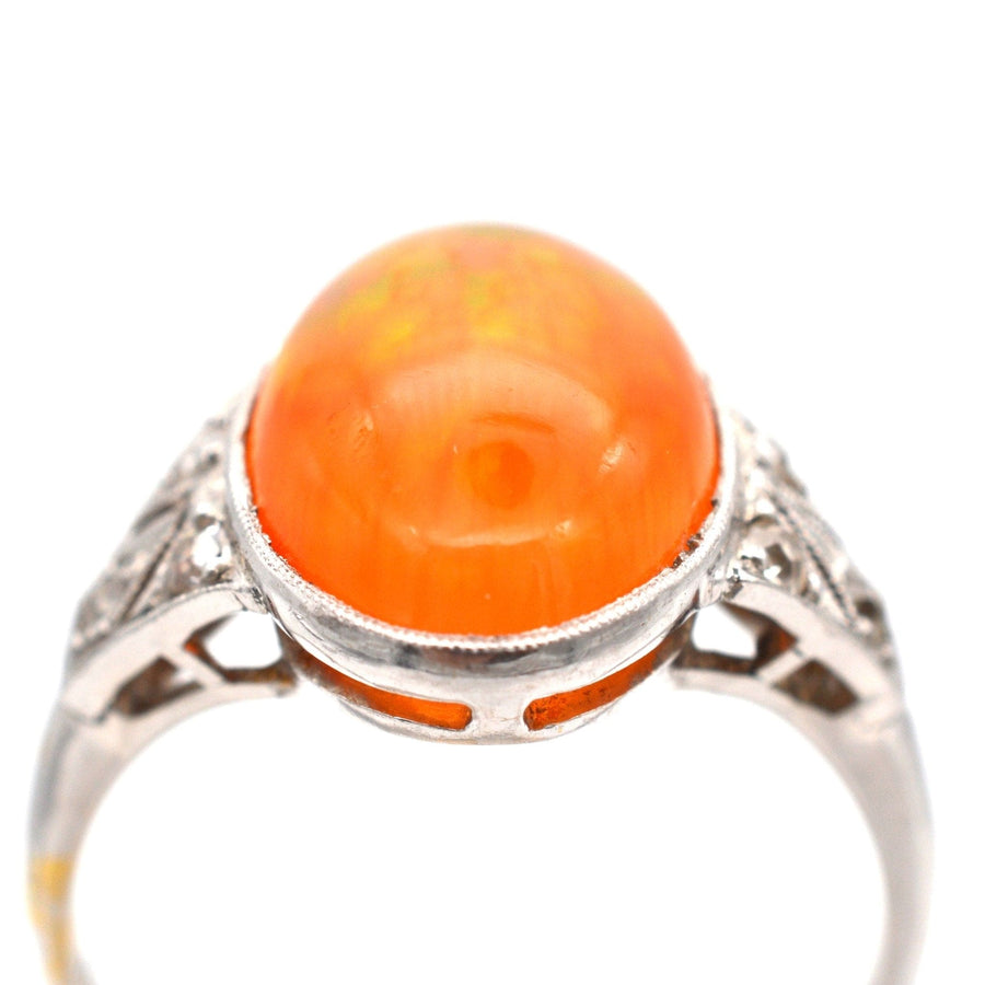 Art Deco 18ct White Gold & Platinum, Natural Mexican Fire Opal with Play of Colour & Diamond Ring | Parkin and Gerrish | Antique & Vintage Jewellery